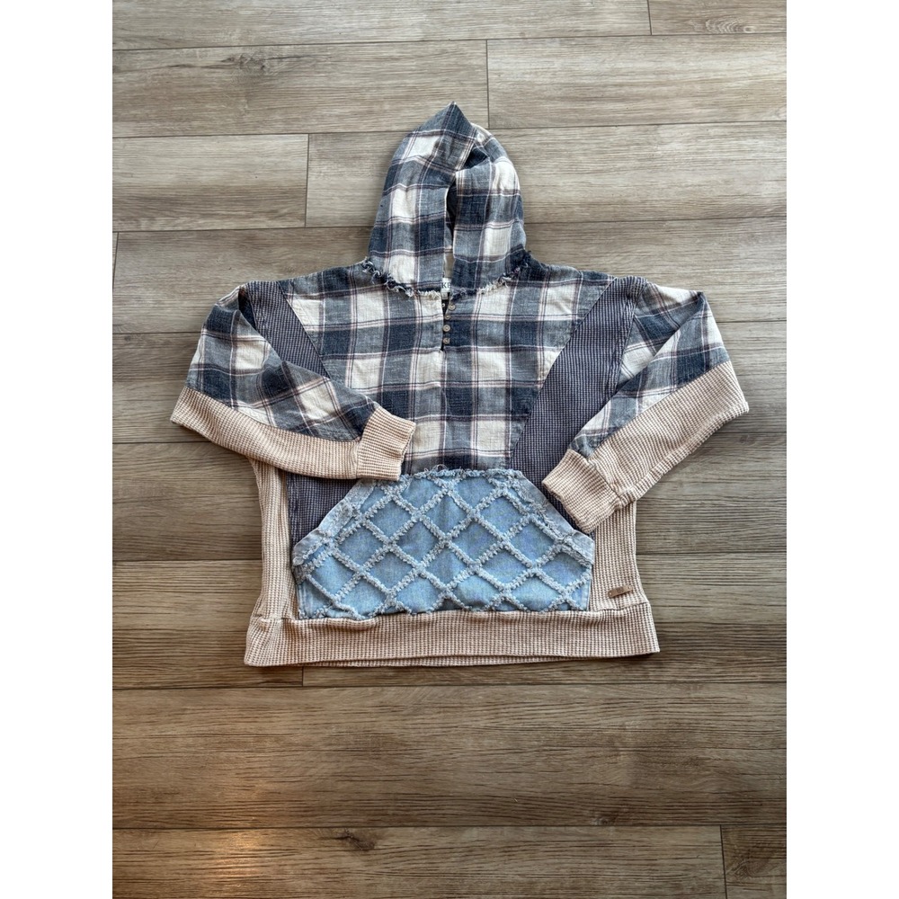 BKE Womens Mixed Media Patchwork Hoodie Plaid Waffle Knit Denim Henley Large